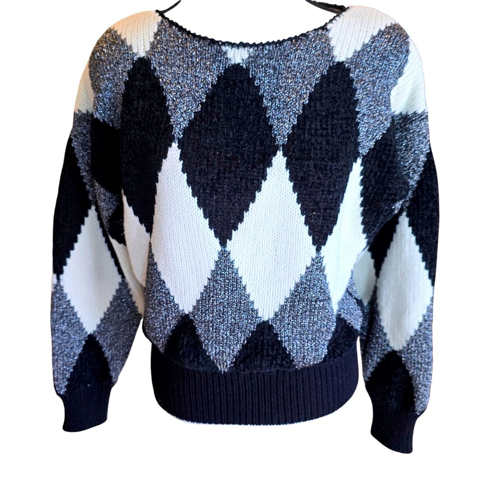 VTG Liz‎ Claiborne Collection Argyle Sweater S Small Metallic Chenille 80s 90s